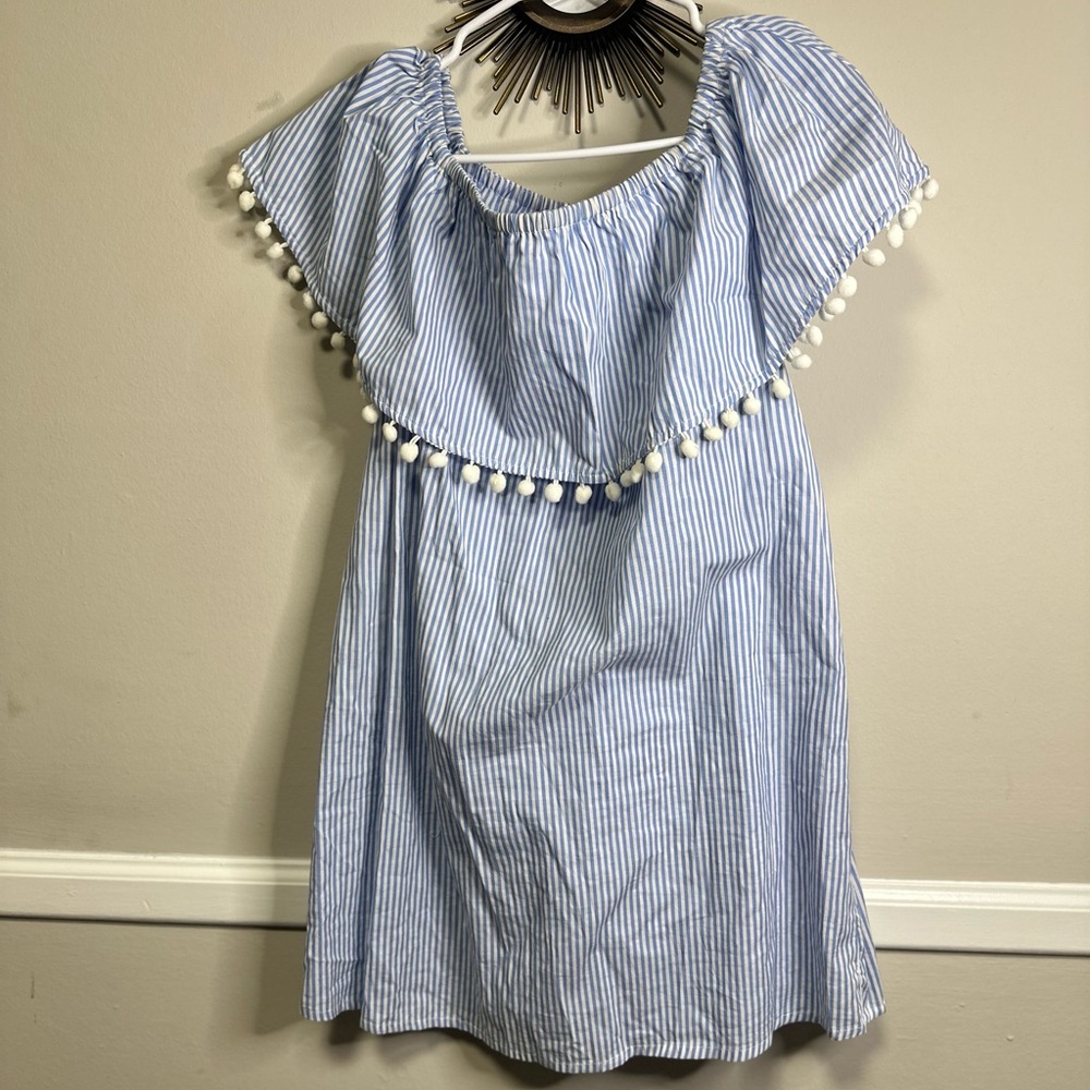 Forever 21 women Blue and White Striped Dress with Pom-Pom Trim